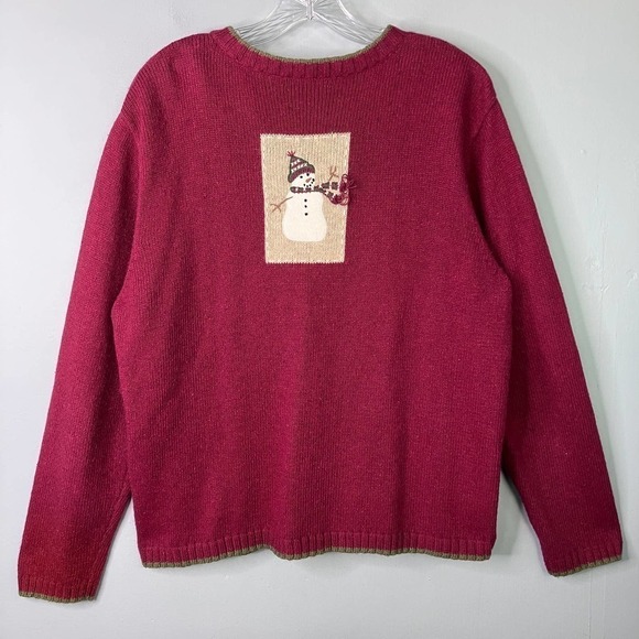 Croft & Barrow Wool Angora Snowman Christmas Tree Burgundy Full Zip Sweater Sz L - Picture 12 of 16